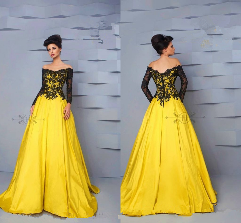Cheap Dresses Evening Wear Off Shoulder Long Sleeves Black Lace Over Yellow Lining Formal Celebrities Prom Cocktail Party Dress