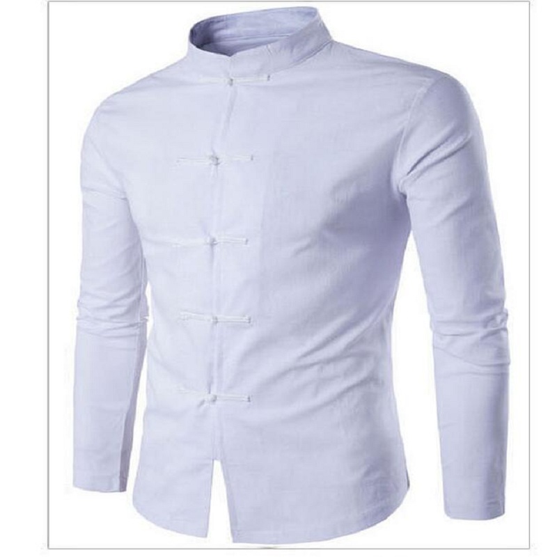 

Men's Casual Shirts Wholesale Chinese traditional style long - sleeved shirt Men Tang suit collar shirt, White