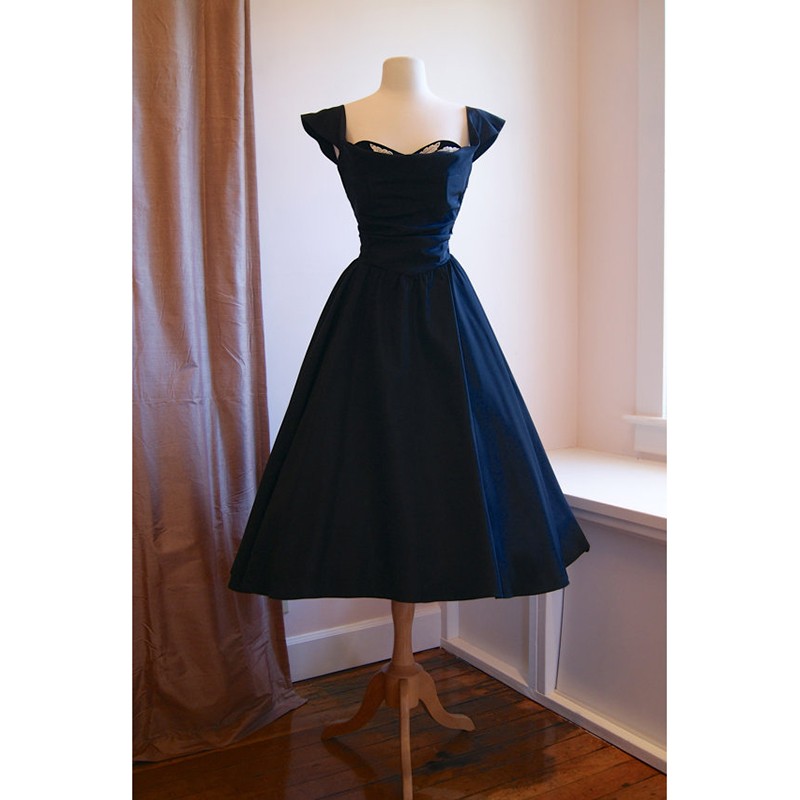 

2016 Vintage Dark Navy A-Line Prom Dresses Square Neck Tea Length Vestidos De Festa Satin Ruffles Short Sleeve Formal Evening Gowns, Pink