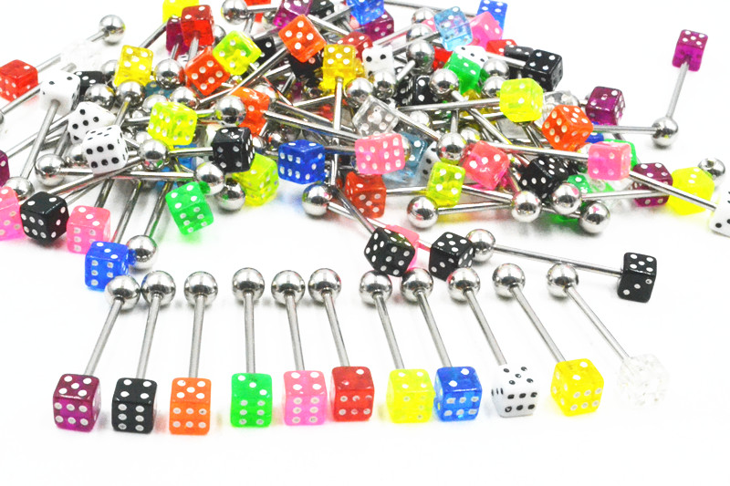 

100pcs Stainless Steel Dice Colorful Tongue/Nipple Rings Bars Body Piercing jewelry Free shippment Body Jewelry 14gx19mm, Silver