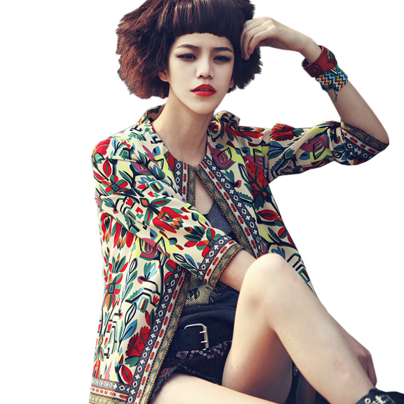 2017 Spring Autumn New Fashion Basic Coat Women Vintage Embroidery Print Jacket Ladies Ethnic Style 3/4 Sleeve Short Jackets Outerwear Femme
