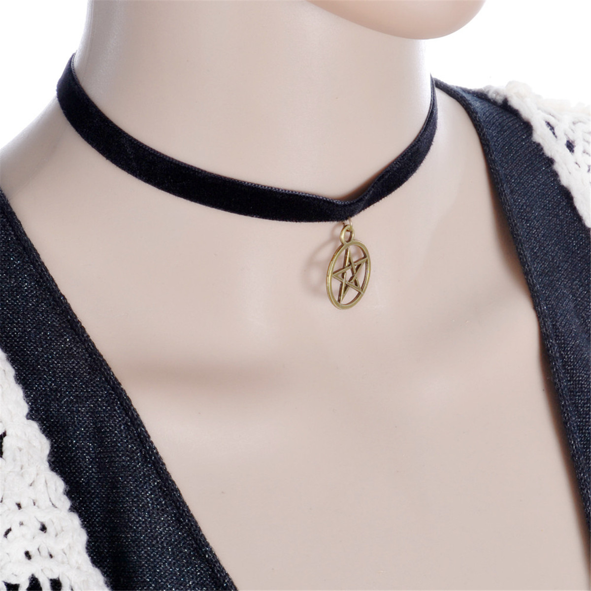 

Retro Exaggerate Black Velvet Ribbon Alloy Pentagram Chock Jewelry For Women Pack of 10PCS, Golden;silver