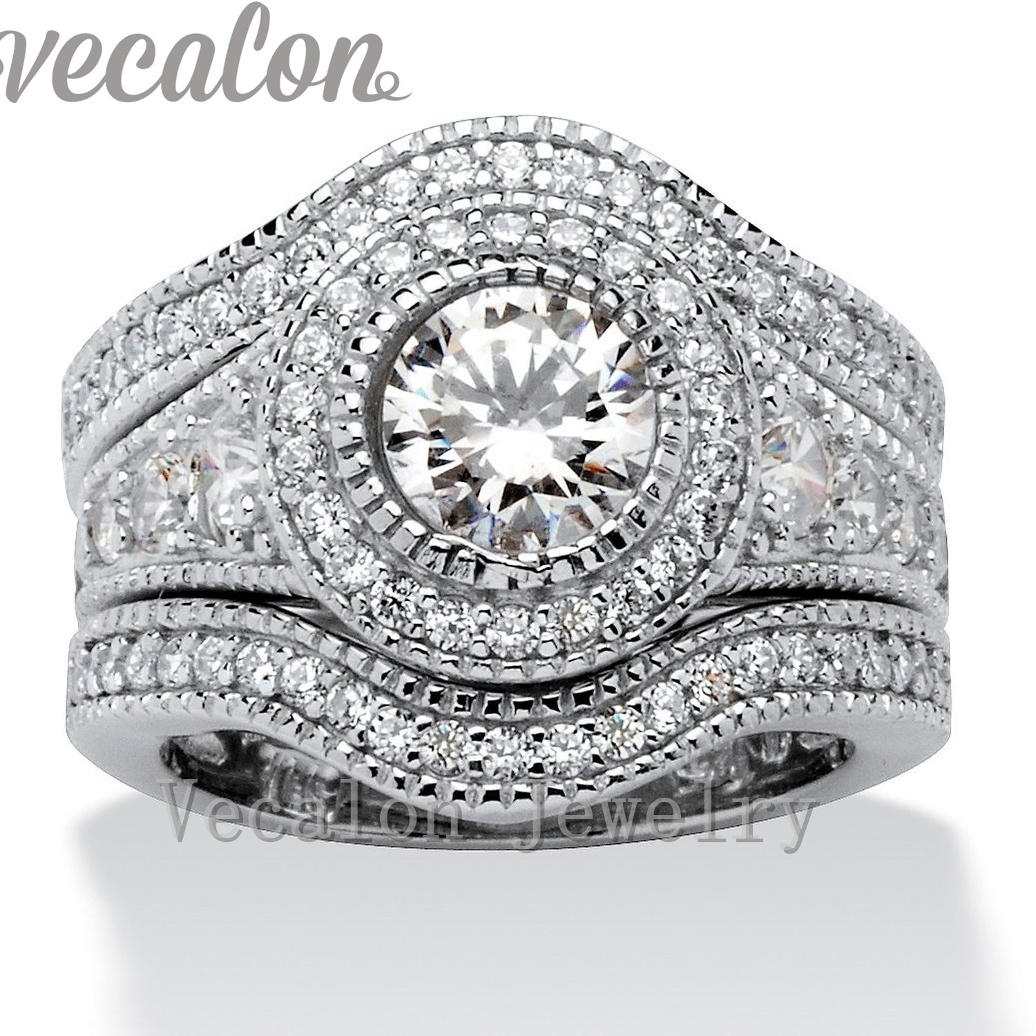 

Vecalon Fashion Vintage Engagement Wedding band Ring Set for Women 2ct Cz Diamond 10KT White Gold Filled Party Finger ring
