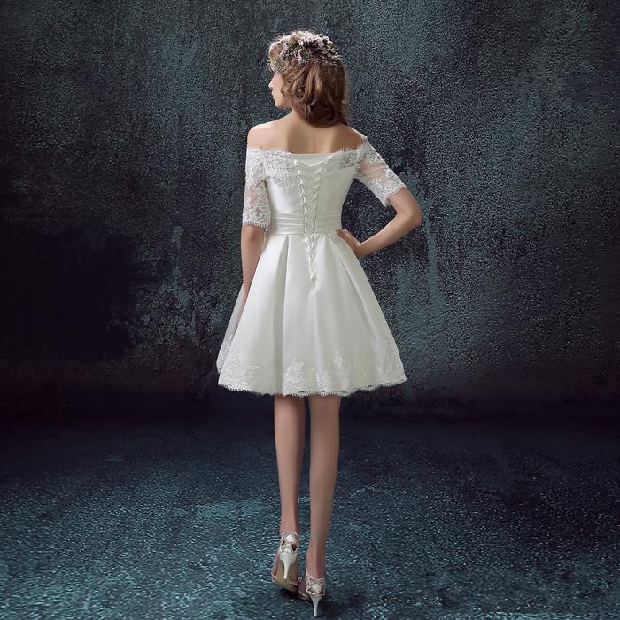 

2021 bateau A-line wedding dress short lace satin ruffle back lace-up morden cheap homecoming cocktail dress, Ivory