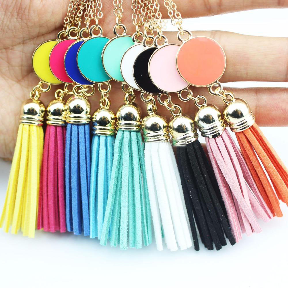 

Silver Gold Color Personalized Initial Monogram Blanks Acrylic Disc Velvet Tassel Long Chain Pendant Necklaces for Custom Women Jewelry