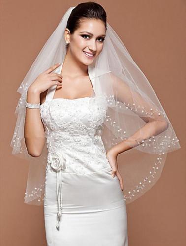 

New Best Selling Romantic Two Layer Wrist Length Veil With Beautiful Tulle Pearls beading Wedding Veils Bridal Accessories, White