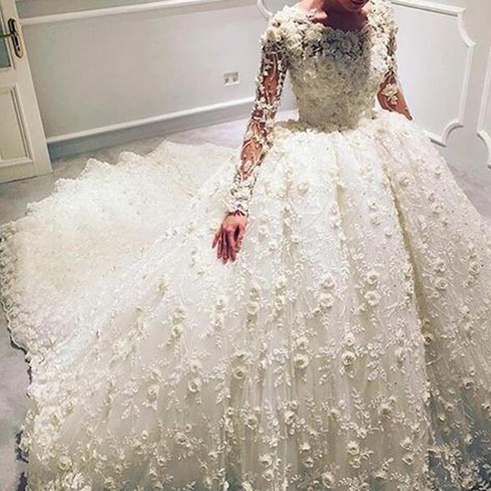 

Luxury Wedding Ball Gowns Chapel Train Sheer Crew Neckline Lace Handmade Flowers 3D-Floral Appliques Over Skirts Long Sleeve Wedding Dress, White