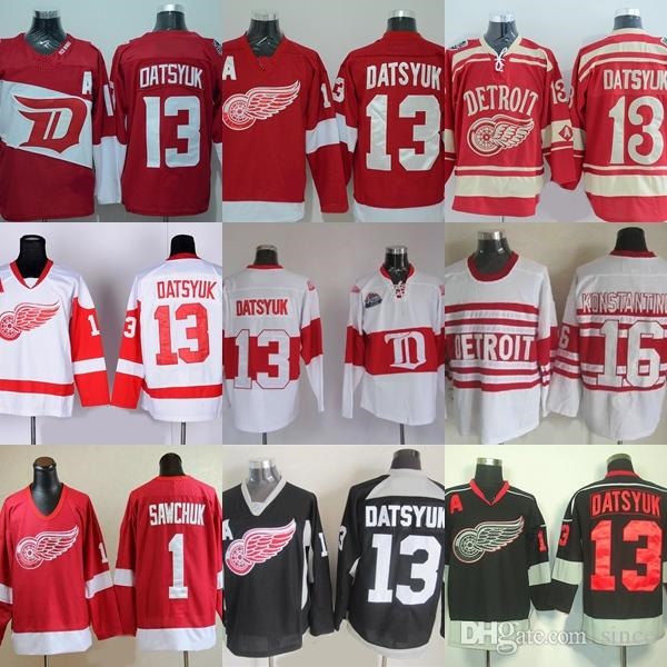 

Factory Outlet Men's Detroit Red Wings #1 Sawchuk #13 Pavel Datsyuk Red Black White Home Best Quality New ice hockey jerseys free shipping, Black;red