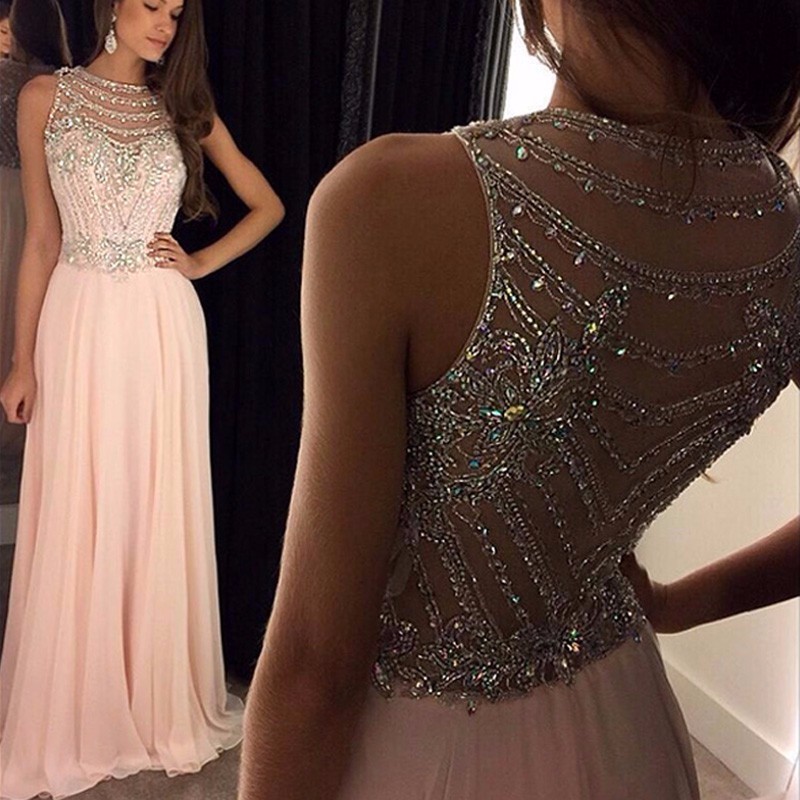 

Charming Scoop Neck A Line Crystal Beading Pink Chiffon Evening Dresses Woman Sexy See Through Formal Long Evening Gowns Prom Party Dress, Champagne