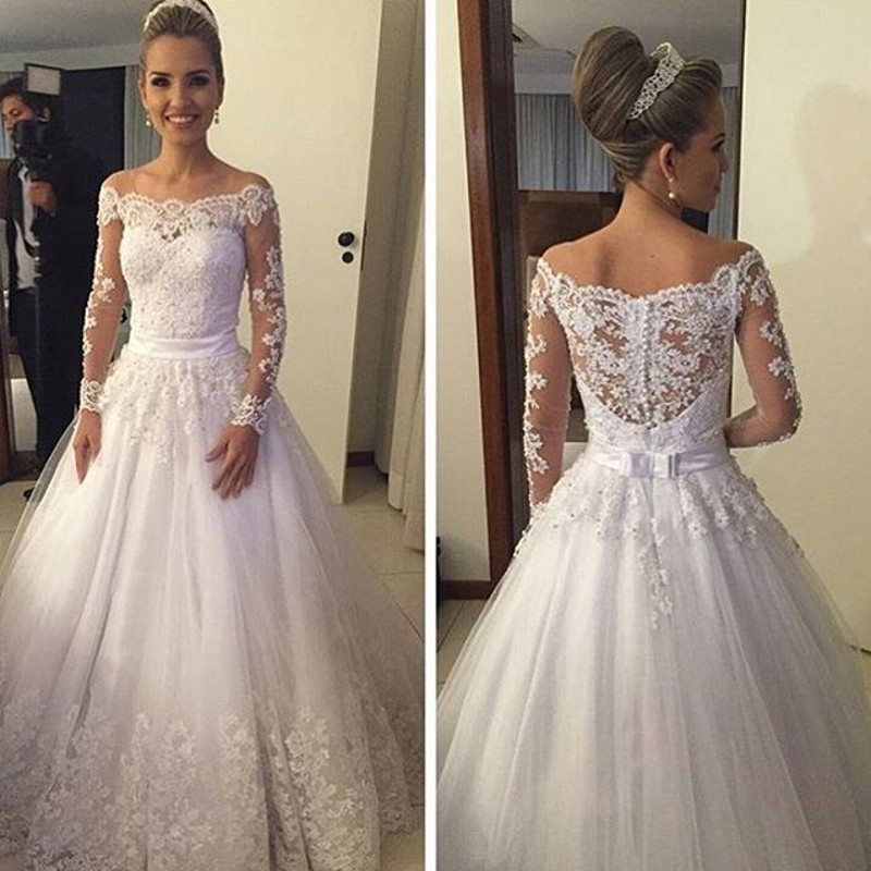 

2016 Elegant Lace A-Line Wedding Dresses Off Shoulder Long Sleeves Sheer Bridal Gowns With Sash Button Romantic Robe De Mariage, White