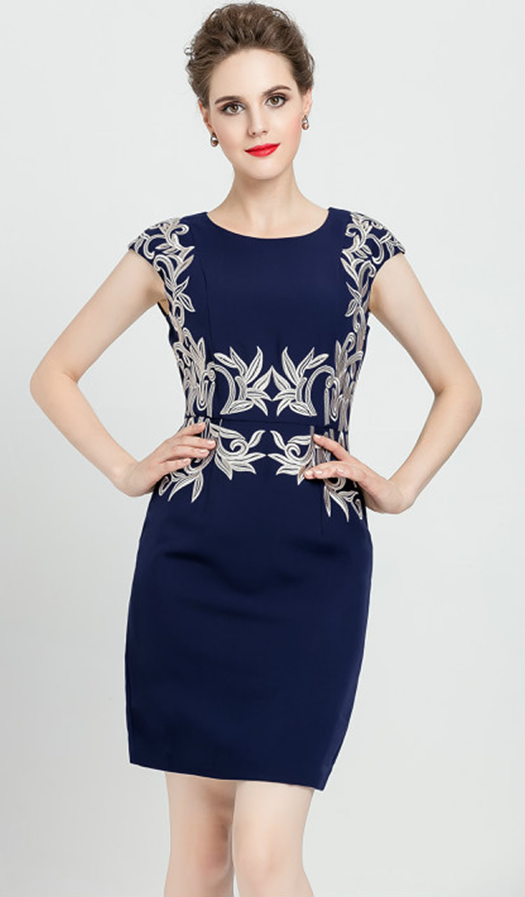 

Vintage Embroidery Women Sheath Dress Round Neck OL Office Lady Work Dresses 0816146, Blue