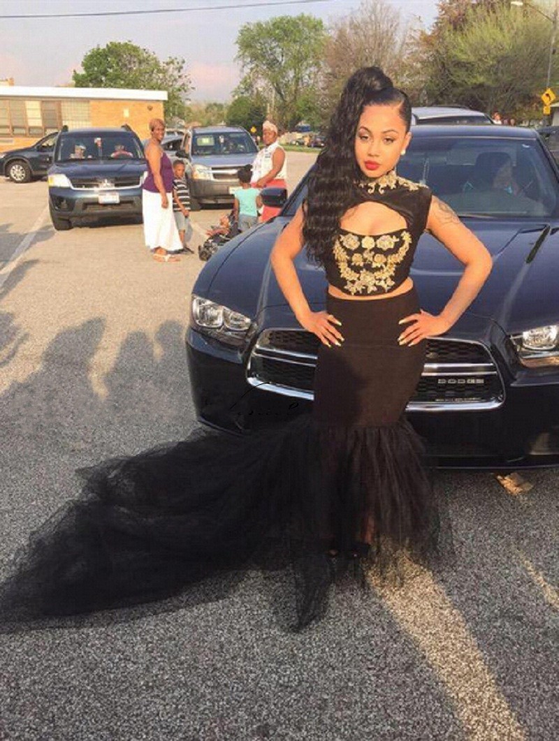 

Two piece Black Mermaid Prom Dresses High Neck Arabic African Gold Long Train Applique Lace Trumpet Evening Party Gowns 2016, Purple