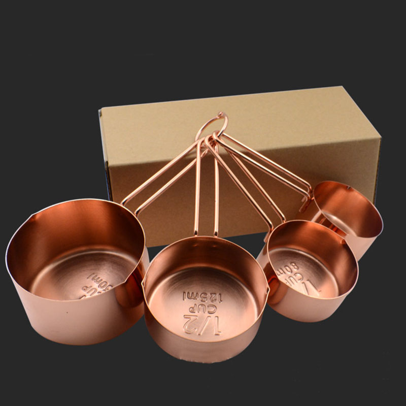 

High Quality Copper Stainless Steel Measuring Cups 4 Pieces Set Kitchen Tools Making Cakes and Baking Gauges Measuring Tools HH7-177