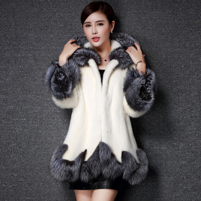 

faux fur coat women white gray with fur hat mink luxury long coat Imitation fur jacket plus, Beige