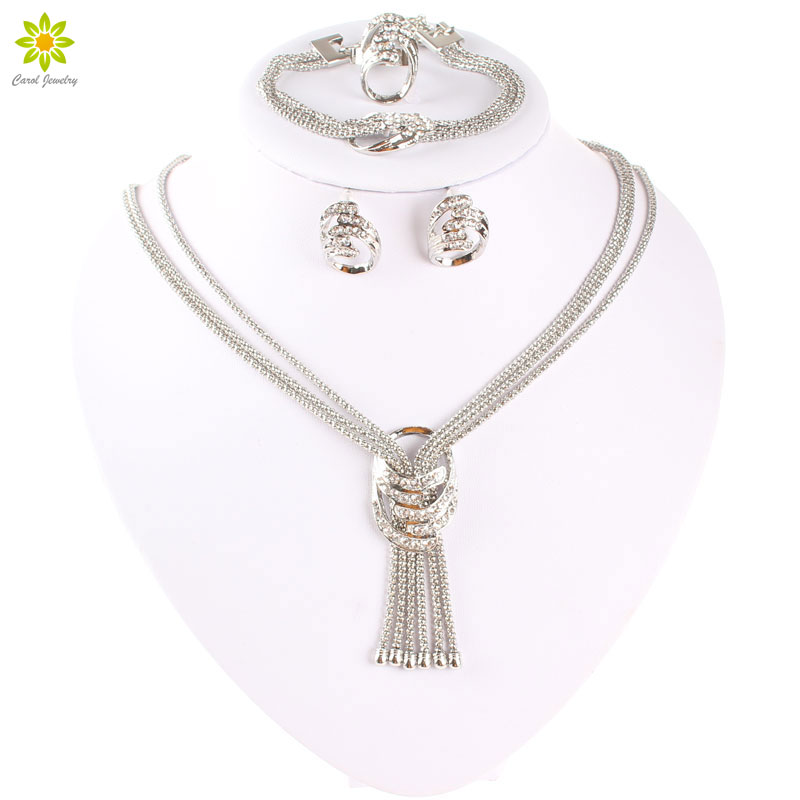 

New Arrival Fashion Women Clear Crystal Silver Plated Wedding Party Necklace Bracelet Earrings Ring Jewelry Sets