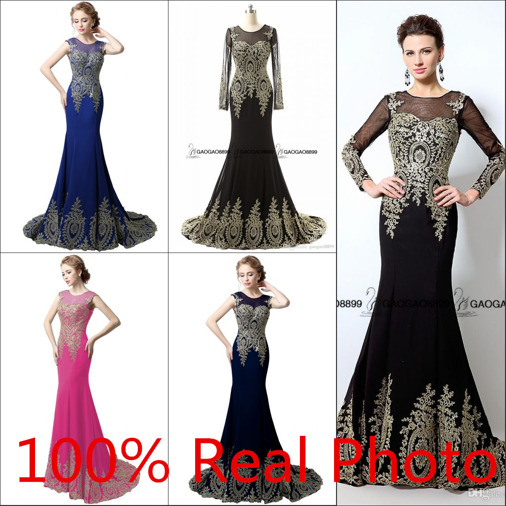 

Real Photo in sotck cheap Chiffon Long Sleeve Mermaid Bridesmaid Dresses Sheer Neck Cap Sleeve Trumpet gold embroidery Wedding Party Dresses, White;pink