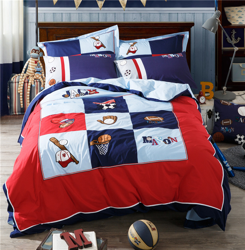 

2017 autumn pure cotton children embroidered four pieces of cotton cartoon students bedding, Blue
