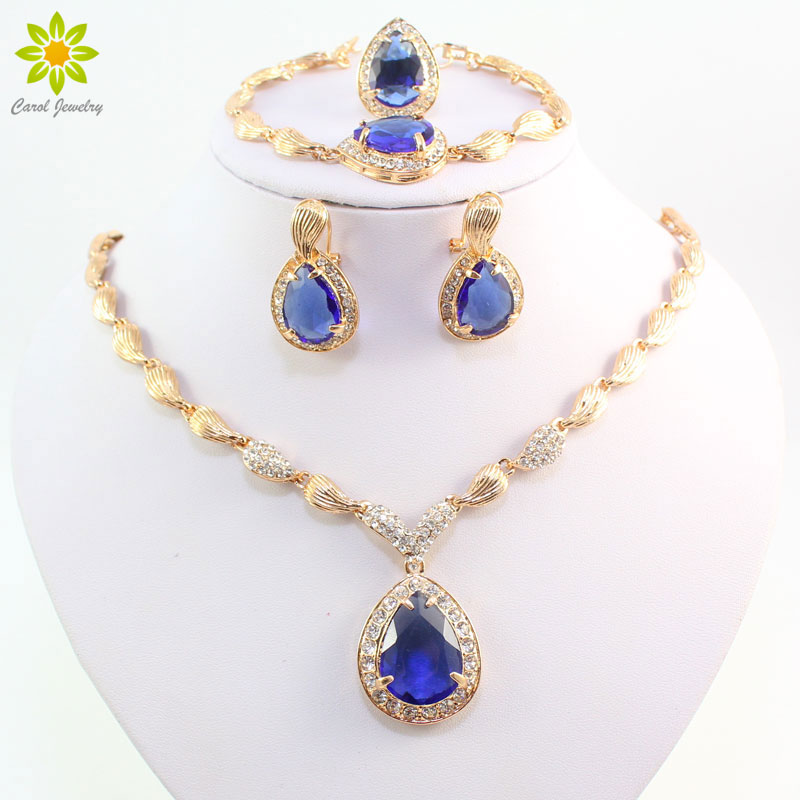 African Beads Jewelry Set Blue Zircon Drop Water Bead Wedding Bridal Necklace Set Gold Plated Crystal African Jewelry Sets