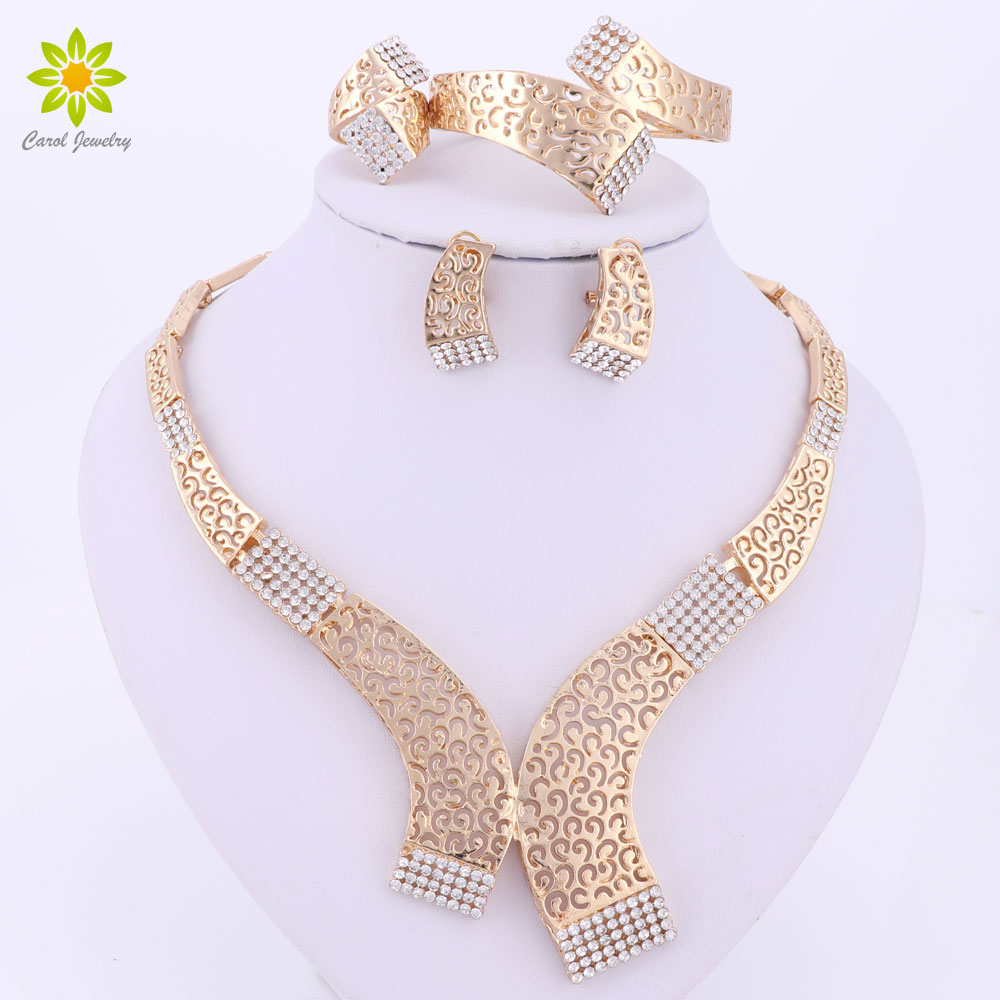 

New African Beads Jewelry Sets Wedding Gold Crystal Party Women Fashion Bridal Necklace Ring Bracelet Earrings Set Accessories