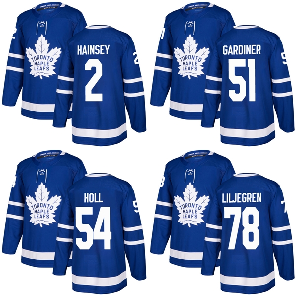 2018 2017 Nouvelle Marque Hommes Maple Leafs 2 Ron Hainsey 51 Jake Gardiner 54 Justin Holl 78 Timothy Liljegren Bleu Chandails de Hockey Sur Mesu