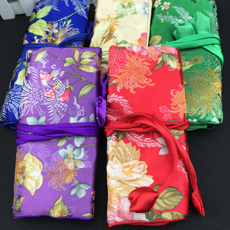 

Flower Chinese Silk Brocade Cosmetic Jewelry Travel Roll Up Bag 3 Zipper Pouch Drawstring Women Makeup Storage Bag