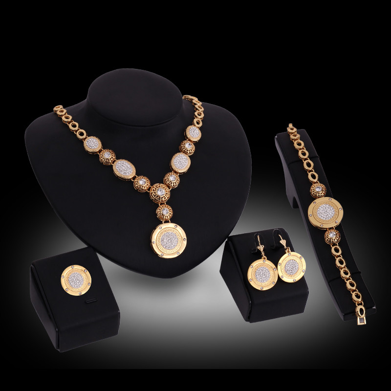 Earrings Necklace Bracelet Ring Jewelry Set Fashion Women Luxury Rhinestone 18K Gold Plated Circle Party Jewelry 4-Piece Set Wholesale JS214