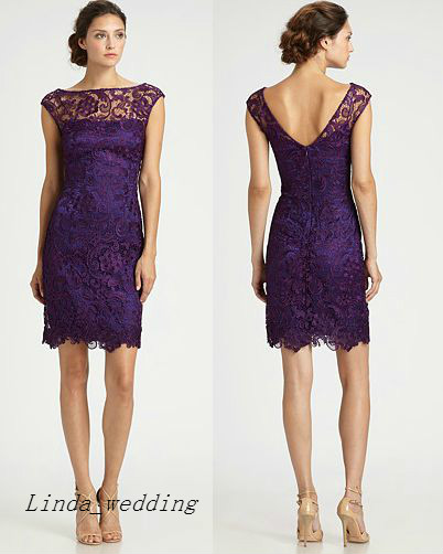 

Free Shipping Purple Lace Bridesmaid Dress New Bateau Sheath Beach Maid of Honor Wedding Party Gown