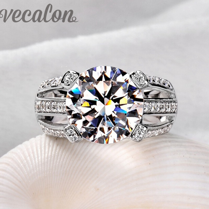 

Vecalon 2016 Female Solitaire ring 6ct Topaz Simulated diamond Cz 925 Sterling Silver Engagement wedding Band ring for women