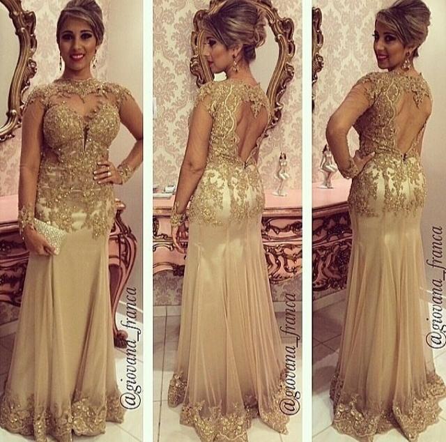 Hot Sale Gold Mermaid Evening Dresses Women Formal Sexy Sheath High Neck with Illusion Long Sleeves Beaded Appliques Keyhole Back