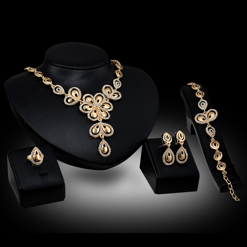 fashion jewelry sets Fashion Luxury Rhinestone Wedding Jewlry Sets Women 18K Gold Plated Water Drop Style Party Jewelry 4-Piece Set JS077
