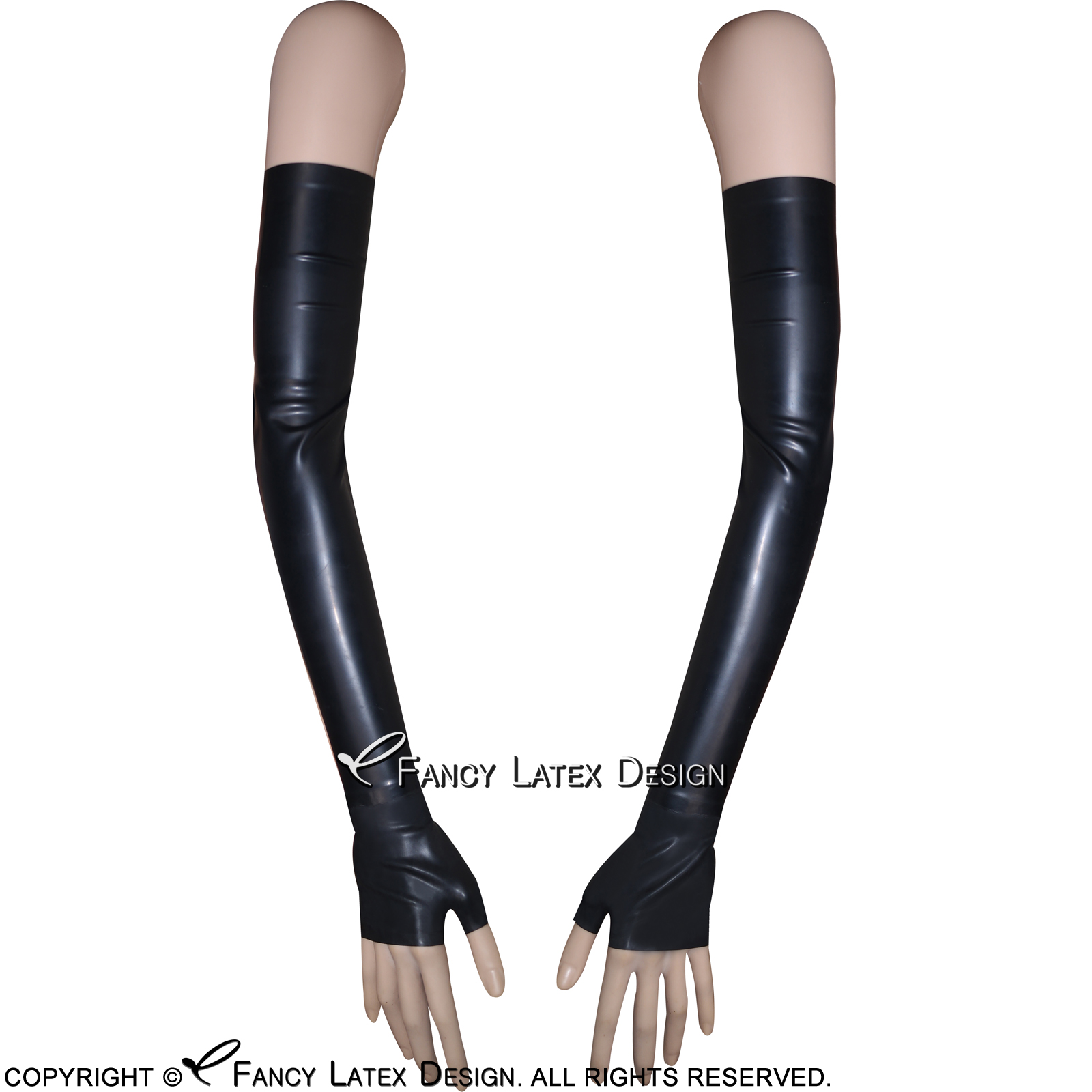 Black Sexy Long Latex Gloves Fingerless Buckles Rubber Mittens Plus Size 0015-image-404270020