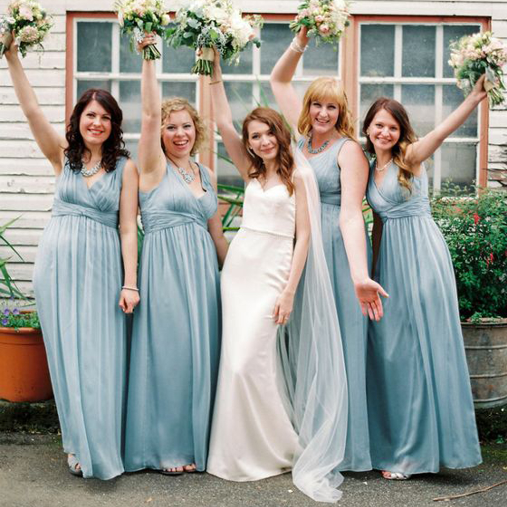 

Plus Size Wedding Tulle Long Blue Party Modern V-Neck Bridesmaid Dresses Ruched Waistline vestido madrinha casamento longo