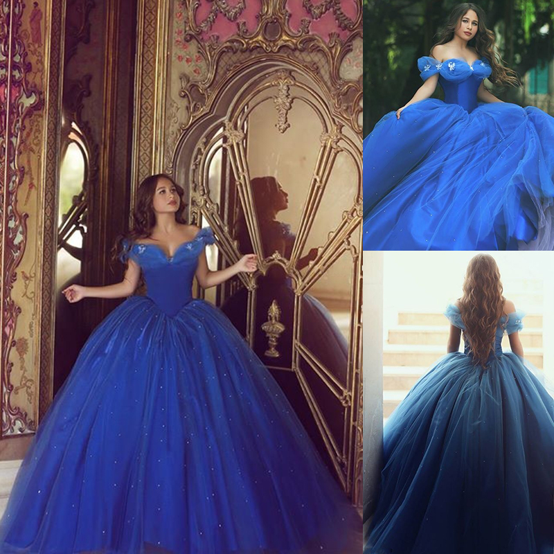 

Hot Sale Cinderella Dresses Royal Blue Quinceanera Prom Gowns Elegant Off the Shoulder Sweet 16 Tulle Puffy Ball Gowns Weddings Dresses, Ivory
