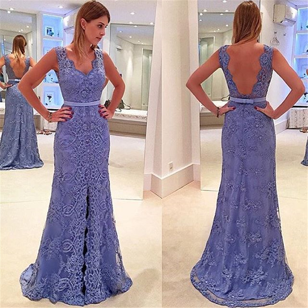 

Delicate Front-Split Sleeveless A-line Straps Lace Prom Dress Applique Lace V-neck Blue Lace Evening Dress vestidos formatura, Black