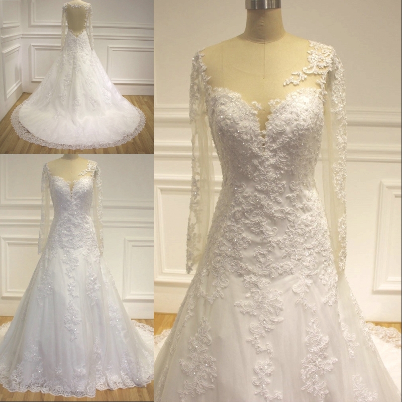 

Sexy Backless Lace Appliques Sheer Long Sleeve Wedding Dress White/Ivory Beaded High Quality Real Photo A-line Bridal Gown Plus Size