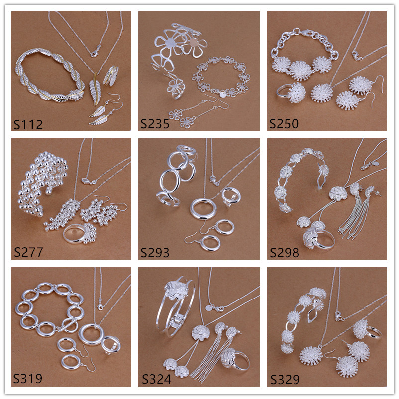 

Wholesale women's sterling silver jewelry sets 6 sets a lot mixed style EMS39,fashion 925 silver Necklace Bracelet Earring Ring jewelry set