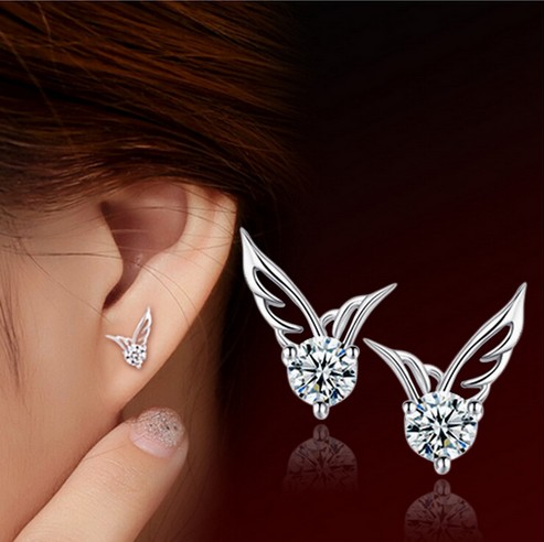 S925 boucles d'oreilles en argent sterling femmes d'ailes d'angle cristal bijoux oreille boucles d'oreilles épingles d'oreille