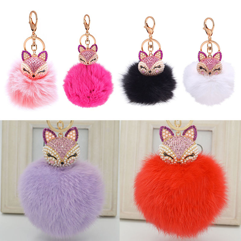

Cute Fox Fur Pearl Ball Rhinestone Key Chain RingKeyring Keychain Bag Car Charm