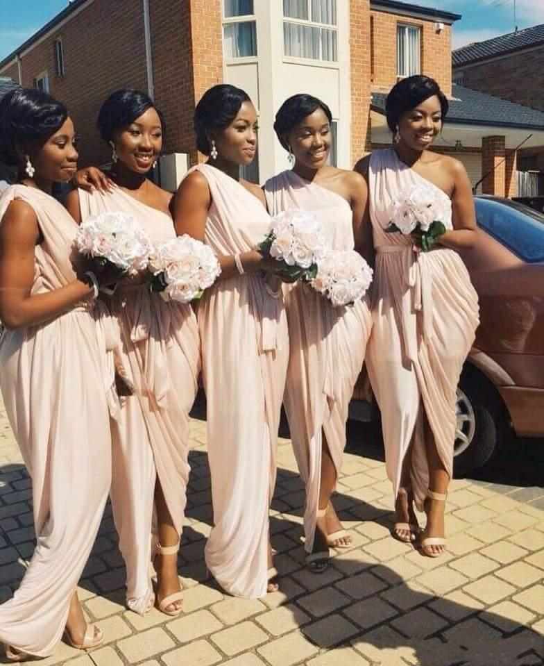 

One Shoulder Ruched Ruffle Long Sheath Chiffon Bridesmaid Dresses Sexy Front Split Prom Party Gowns With Sash Junior Bridesmaid Gowns