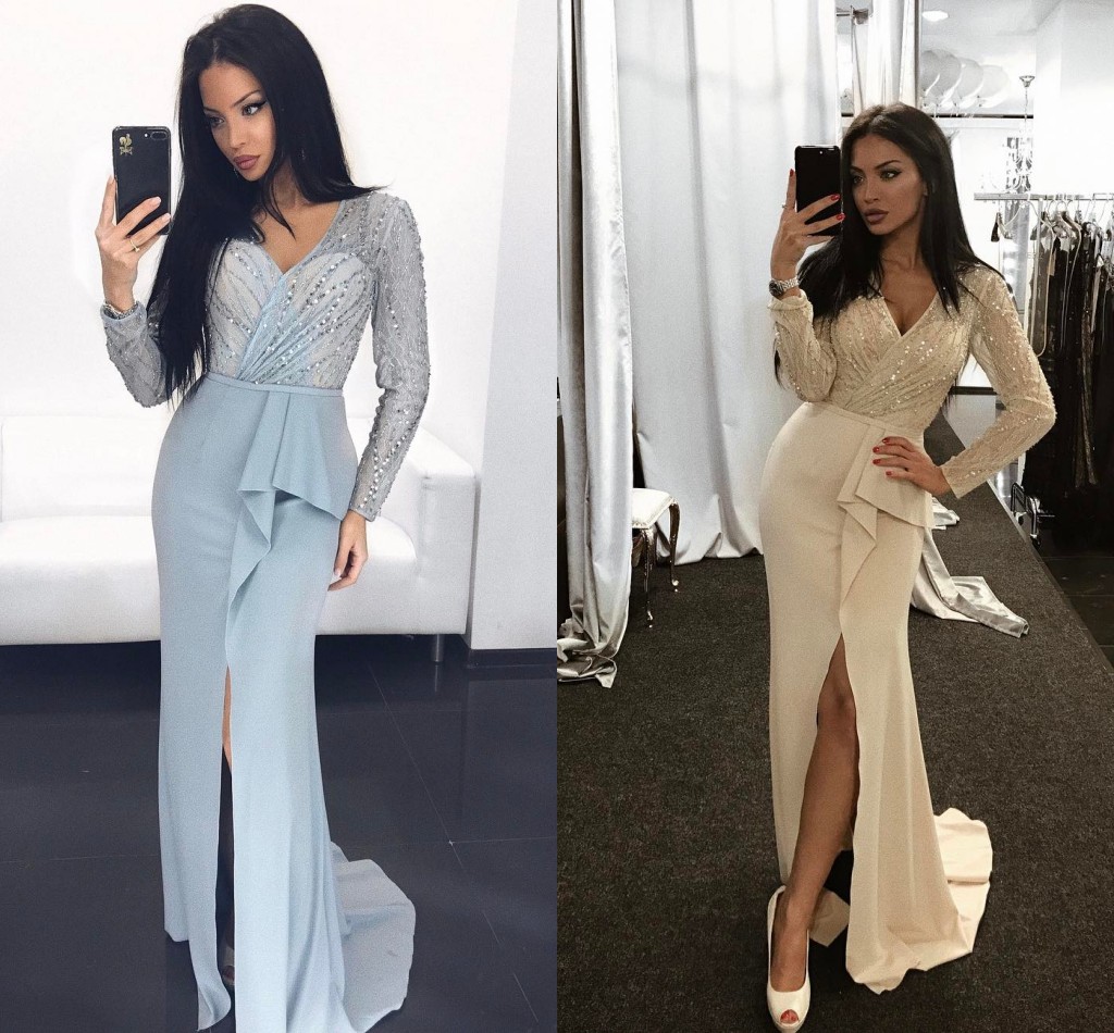 

Sexy Long Sleeves Mermaid Evening Dresses V Neck Sequins Beaded Split Front Satin Peplum Champagne Pink Mermaid Prom Dresses Sweep Train, Brown