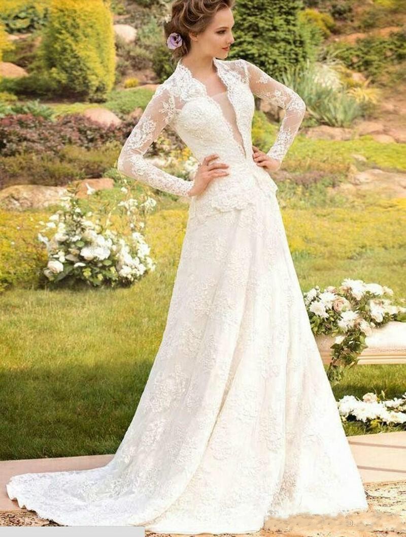 

Sexy Deep Plunging Wedding Dresses with Long Sleeve Custom Made Sweep Train 2016 Full Winter Elegant Bridal Gowns Vestidos de Novia, White