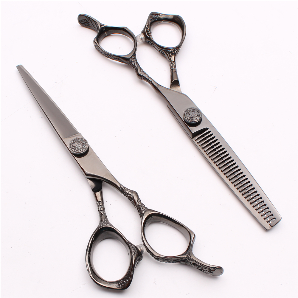 

6" Japan 440C Customized Logo Black Professional Human Hair Scissors Cutting or Thinning set reguler Hairdressing Shears Excellent NEW C9001