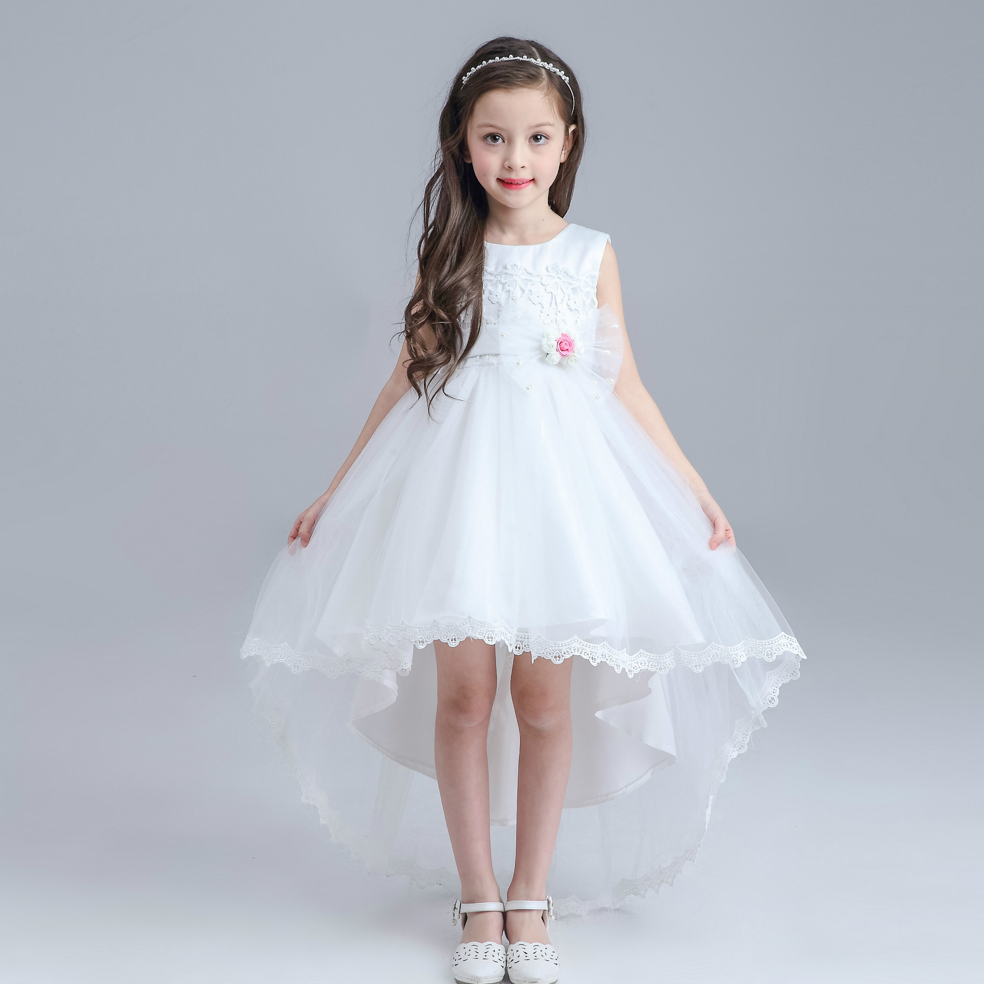 

Lovely White High Low Lace Flower Girl Dresses 2017 Crew Sleeveless Handmade Flowers Girls Pageant Gowns Kids Christmas Party Prom Dresses, Grape