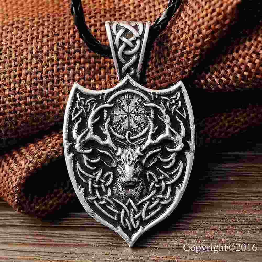 New Punk Legendary Viking Aegishjalmur Amulet Pendant Necklace Large Double Deer Sekira Viking Nordic Talisman Pendant Necklace-image-389545722