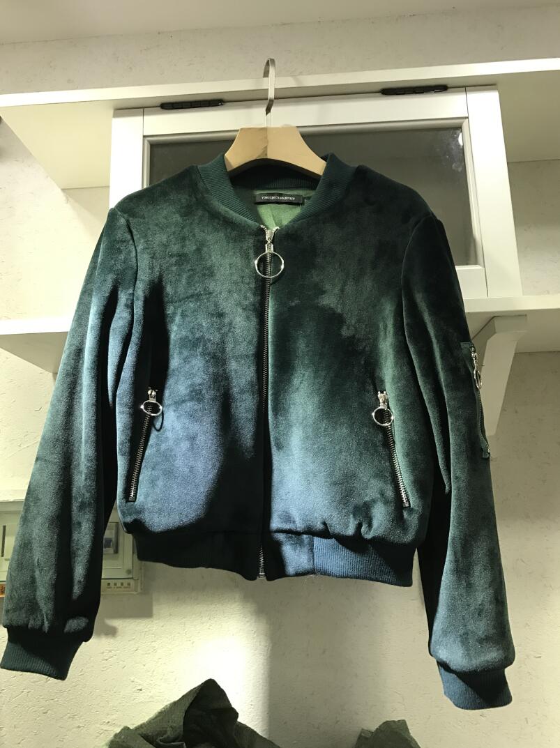 

Korea Designer Ladies Peacock Green Velvet Bomber Jacket Ringlike Decoration Side Pocket Autumn 2020 Baseball Uniform, Black;brown