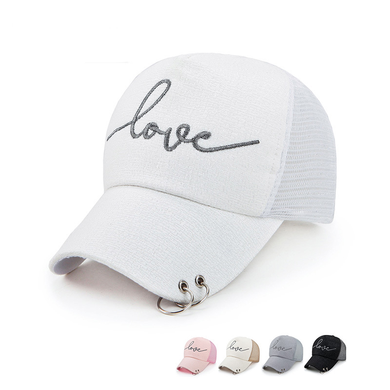 

Love Letter Logo Women Snapback Adjustable 5 Panel Baseball Cap with Hanging Hoop Fashion Ladies Mesh Peaked Cap Gorras Sunhat, Blue;gray