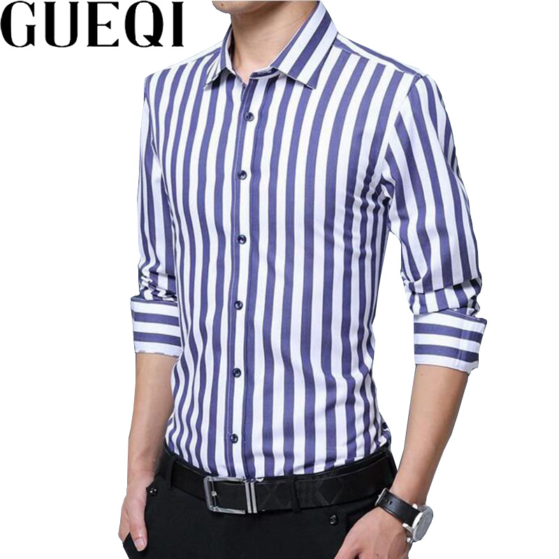 

Wholesale- GUEQI Men Fashion Striped Shirts Plus Size M-5XL New Model Long Sleeve Business Man Casual Cotton Tee Shirts, Blue