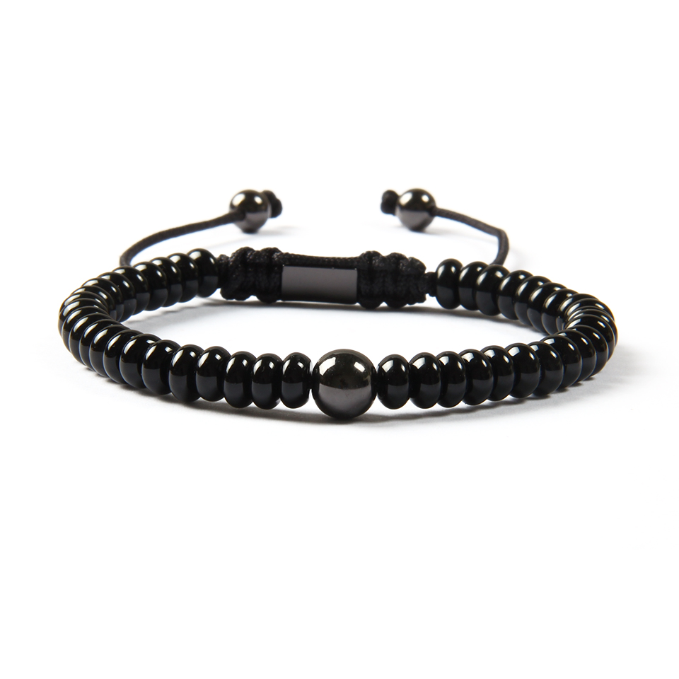 

Wholesale Black Jewelry New Arrival Natural Flat Black Onyx Stone With 8mm Brass Beads Macrame Bracelet For Men, Golden;silver