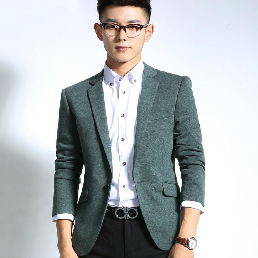 

Wholesale- Business Style Autumn Spring Men Slim Solid Full Sleeve Blazers Casual Clothing High Quality Work Wear Gentlem Handsome Blazers, 013green