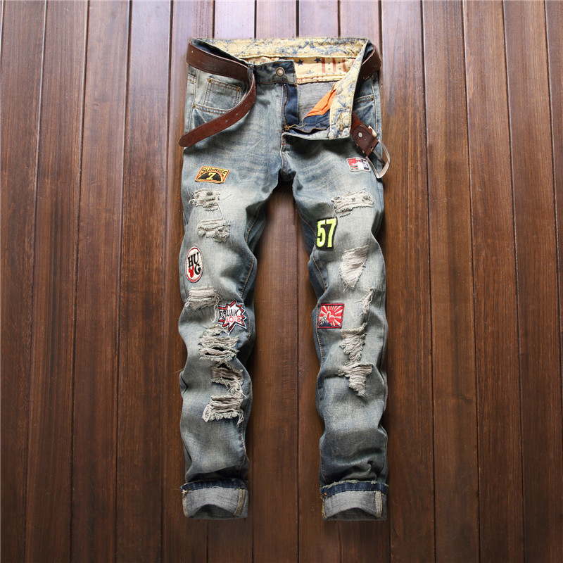 Wholesale-New Arrival Mens American Style Patched Badge Jeans With Hole Ripped Destroyed Vintage Washed Frayed Blue Denim Jeans For Men